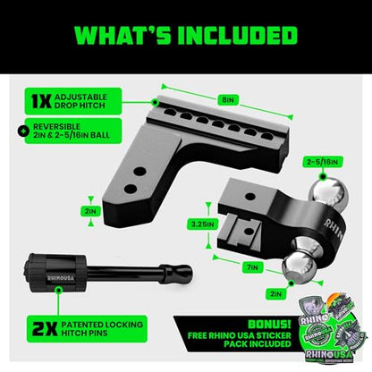 Rhino USA Adjustable Trailer Hitch (2in Receiver) - 6in Drop/Rise - color: Black, size: 2"x6"
