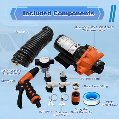 7.5 GPM 80 PSI Washdown Deck Wash Pump Kit, 12V Marine Washdown Pump Kit with Strainer and Pressure Switch for RV,Boat,Sprayer,Travel Trailers,and Yacht -Freshwater Saltwater - color: Orange