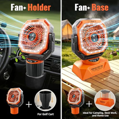 Roykaw 48Hrs Golf Cart Misting Fan, 2-in-1 Large Golf Cart Fan & Camping Fan w/ 2 Spray Modes/4 Powerful Speeds/3 Ultra-Bright LED Lights/Oscillation, with Detachable Base & Cup Holder for Golf Cart