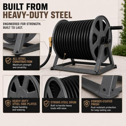 Dual Floor and Wall Mounted Garden Hose Reel, Holds 200ft of Water Hose, Heavy Duty Metal Hose Reel, Space Saving Hose Reel Organizer for Yard, Garage & Shed (Graphite) - color: Graphite