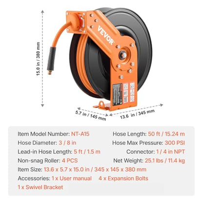VEVOR Retractable Air Hose Reel, 3/8IN x 50FT Rubber Air Hose Max 300PSI, Air Compressor Hose Reel Auto-Rewind with 5FT Lead in, Ceiling/Wall Mount Heavy Duty Single Arm Reel & 180° Swivel Bracket - size: 3/8 in x 50 ft