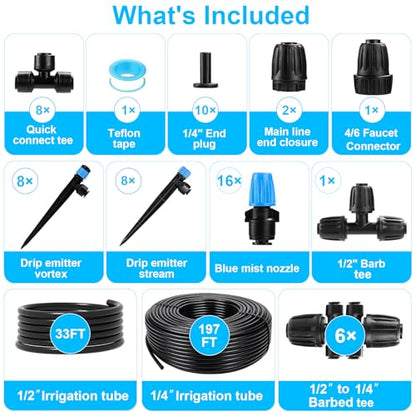 230FT Drip Irrigation System with 1/4" & 1/2" Tubing