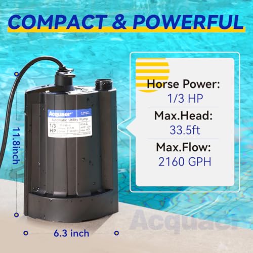 Acquaer 1/3 HP Automatic Submersible Water Pump, 2160 GPH Sump Pump, 115V - color: Black