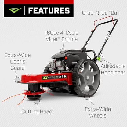 Earthquake Walk Behind String Mower With 160cc Viper 4-Cycle Engine, 22” Cutting Diameter, 14” Never-Go-Flat Wheels, Easy Assembly, Adjustable Handlebar, 40314