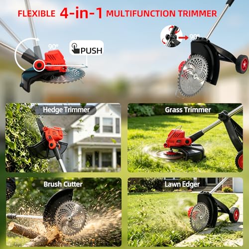 Cordless Weed Wacker with 2 x 4.0Ah Batteries and Wheel - color: Red