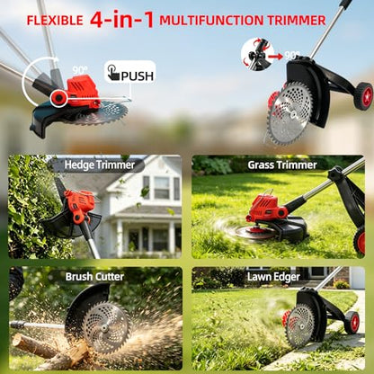 Cordless Weed Wacker with 2 x 4.0Ah Batteries and Wheel - color: Red