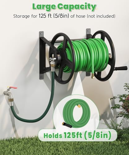 Garden Hose Reel Wall Mounted, Heavy-Duty Water Hose Holder Winder with 3.9 ft Leader Hose & Brass Fitting, Hose Hanger Storage Rack Holds 125-Feet of, 5/8-Inch, for Yard Lawn Farm, Black - color: Black