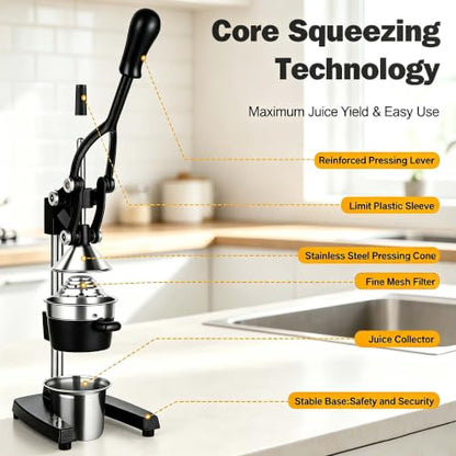 Cast Iron Orange Juicer Squeezer Hand Press Heavy Duty Countertop Squeezer Manual Citrus Juicer with a Stainless Steel Cup for juicing oranges, lemons, pomegranates, limes, citrus, etc（Black） - color: Black