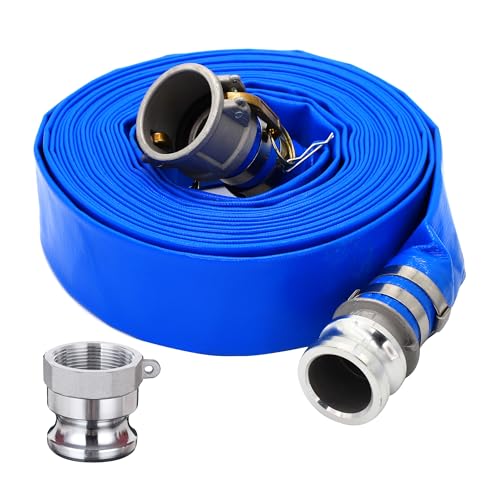 DAVCO 1-1/2" ID × 50 ft PVC Lay Flat Discharge Hose, Heavy Duty Reinforced Blue Pool Backwash Hoses For Swimming Drain Pools, with Aluminum Camlock C and E Fittings, Cam Lock Fitting Type A included - size: 1.5" ID x 50 FT, style: Camlock+A