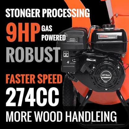 C40 Wood Chipper 4" inch Max Diameter Capacity 9 HP 274cc Gas Powered Engine Heavy Duty Shredder Mulcher - size: Max: 4" - C40