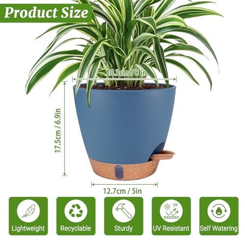 2 Pack 8 inch Plant Pots, Plastic Self Watering Planters - color: Navy Blue, size: 8 Inch