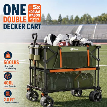Sekey Double Decker Wagon, 500LBS Heavy Duty Collapsible Utility Cart with 400L Capacity & Extended Lower Shelf, Fits 10x10 Canopy, Foldable Garden Wagon with Big Wheels & Brakes for Sports & Beach - color: Army Green