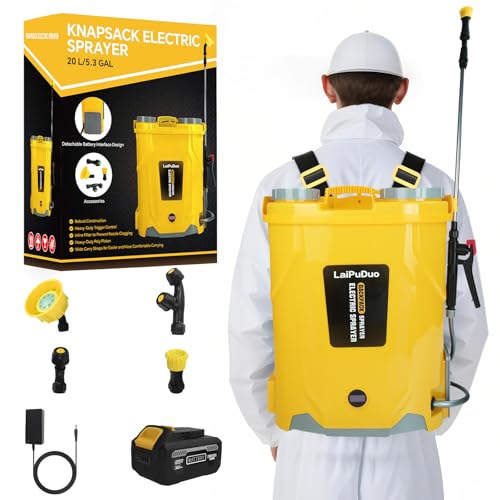 Battery Powered Backpack Sprayer Compatible with DeWalt 20V Battery, 5.3 Gallon,100 PSI Electric Garden Sprayer, Weed Lawn Sprayer with Telescopic Wand, 4 Nozzles, 3.0 Ah Battery & Charger Included