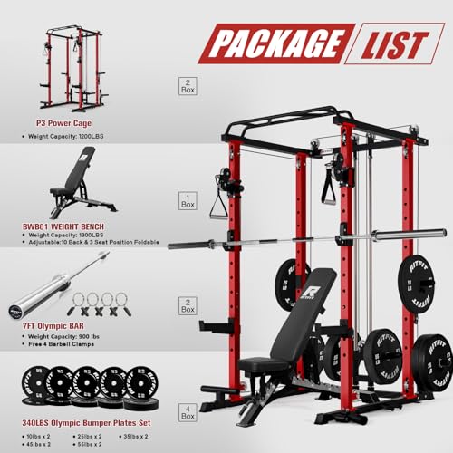 RitFit PPC-P3 Power Cage with Cable Crossover System, 1200LB Capacity - color: Red, style: Package 1.9K (with BP 340lbs Plates)