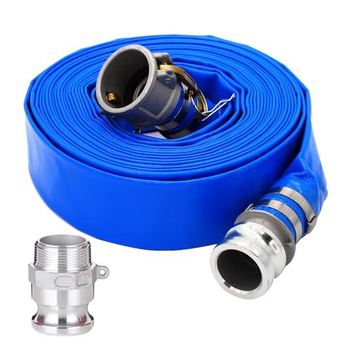 DAVCO 1-1/2" ID × 50 ft PVC Lay Flat Discharge Hose, Heavy Duty Reinforced Blue Pool Backwash Hoses For Swimming Drain Pools, with Aluminum Camlock C and E Fittings, Cam Lock Fitting Type F included - size: 1.5" ID x 50 FT, style: Camlock+F