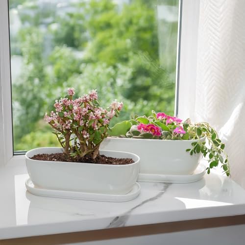 E-liu14 Inch Oval Ceramic Planter Pot with Drainage Hole Saucers - color: White, size: 14 inch Single