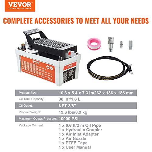 VEVOR Air Hydraulic Pump 10,000 PSI 1/2 Gal Reservoir NPT 3/8" Oil Outlet