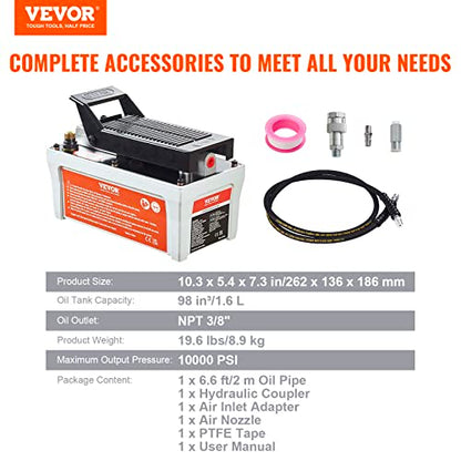 VEVOR Air Hydraulic Pump 10,000 PSI 1/2 Gal Reservoir NPT 3/8" Oil Outlet