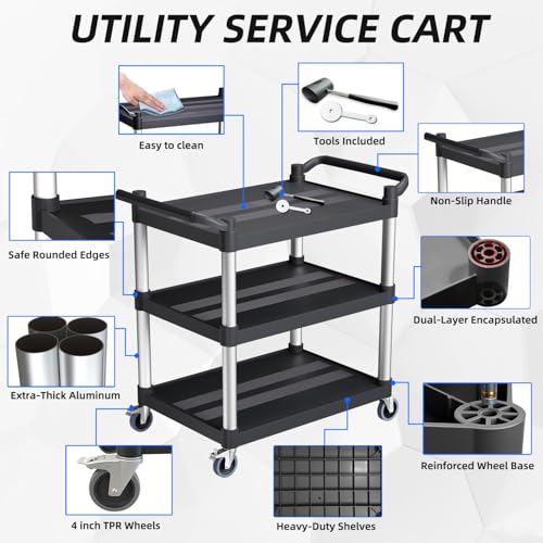 Plastic Utility Carts with Wheels, 3-Tier Rolling Cart, Restaurant Cart - size: 31.5"×16"×38" S