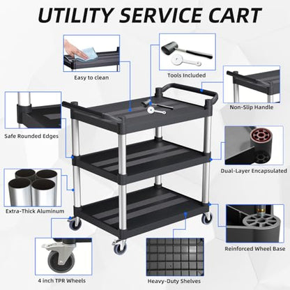 Plastic Utility Carts with Wheels, 3-Tier Rolling Cart, Restaurant Cart - size: 31.5"×16"×38" S