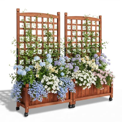 VINGLI 2PC Wooden Planter with Trellis, 50" Height Elevated Garden Beds Outdoor with Wheels, FreeStanding Planter Box with Drainage Holes for Flower, Vegetable, Fruit, Herb in Garden, Patio, Balcony