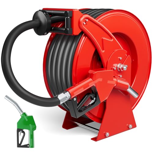 Fuel Hose Reel 3/4" x 50FT, Retractable Diesel Reel with Nozzle - color: Red, size: 3/4 inch 50FT