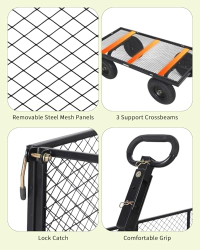 1000 Lbs Steel Garden Cart, Utility Wagon with Removable Mesh Sides-Black - color: Black