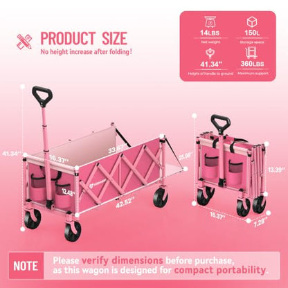 HIKEMOON 43'' Extra Long Folding Wagon with Extended Tailgate, Pink - color: Pink