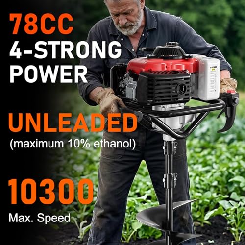 78CC Gas Powered Post Hole Digger, 4 Stroke Auger with 6&8 Inch Bits - color: Red 78cc+2 Auger(6"/8")