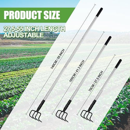 4-Tine Garden Hand Tiller Cultivator, 55" Adjustable Long Handle