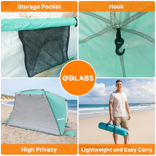 Golabs BT1 Pop up Beach Tent for 3 Person, 1-Min Setup by Pre-Attached Pole - color: GREEN