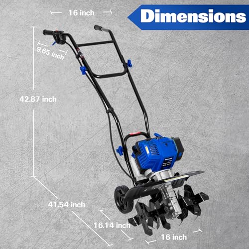 BILT HARD 46cc 4-Cycle 1.9HP Gas Powered Tiller Cultivator - 16" Heavy-Duty Steel Tines Rototiller, Adjustable Wheels & Cushioned Handle Grips for Plowing, Tilling, Weeding in Garden, Farm
