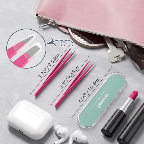 Tweezers for Women Facial Hair, Slant & Pointed Tweezers for Eyebrows, Ingrown Hair, Splinter Removal, 2 Pack Tweezer Set, Professional Stainless Steel Eyebrow Tweezers for Men and Women, Pink - color: Pink - 2 Pack