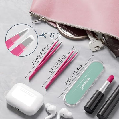 Tweezers for Women Facial Hair, Slant & Pointed Tweezers for Eyebrows, Ingrown Hair, Splinter Removal, 2 Pack Tweezer Set, Professional Stainless Steel Eyebrow Tweezers for Men and Women, Pink - color: Pink - 2 Pack