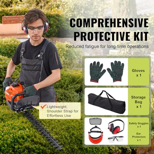 VEVOR Gas Hedge Trimmer 2 Cycle, 23.2-Inch 26cc Dual Sided Blade, Handheld, Lightweight, EPA, CE, EMC Certified, Ideal for Trimming Shrubs and Bushes, Includes Blade Cover, Gloves and Ear Protectors - size: 26 cc