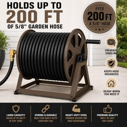 Dual Floor and Wall Mounted Garden Hose Reel, Holds 200ft of Water Hose, Heavy Duty Metal Hose Reel, Space Saving Hose Reel Organizer for Yard, Garage & Shed (Brown) - color: Brown