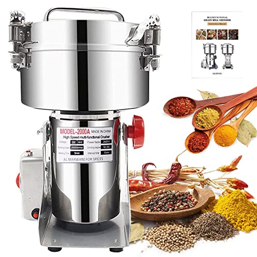 2000g Electric Grain Grinder Spice Grain Mill Stainless Steel 30s 28000RPM High Speedy Grinding with Overload Protection& 5min Timer Mill for Dry Spice Herbs/Nut/Coffee/Rice - size: 2000 g