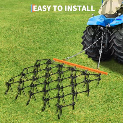 Hipicute Drag Harrow, 4' x 4' Heavy Duty Chain Harrow with One Chain and Fixed Cylinder, Fits ATVs UTVs and Lawn/Garden Tractors, 3/8" Tines (Black Harrow & Orange Shank) - size: 4x4 FT
