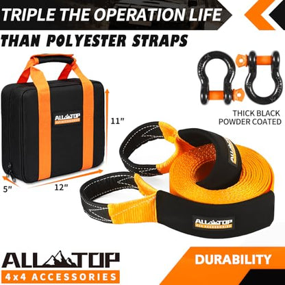 ALL-TOP Heavy Duty Tow Strap Recovery Kit: 3 inch x 20ft (35,000lbs) 100% Nylon and 22% Elongation Snatch Strap + 3/4 Heavy Duty D Ring Shackles (2pcs) + Storage Bag - size: 3" x 20’ Kit