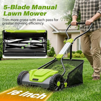 Goplus 16 Inch 5-Blade Push Reel Lawn Mower, Adjustable Cutting Height - color: Green