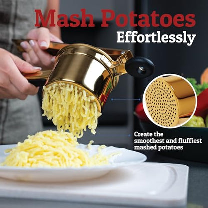 PriorityChef Large 15oz Potato Ricer, Heavy Duty Stainless Steel Potato Masher and Ricer Kitchen Tool, Press and Mash Kitchen Gadget For Perfect Mashed Potatoes - Everytime, Gold and Black - color: Gold