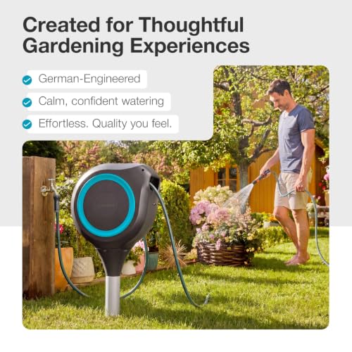 GARDENA Automatic Retractable Garden Hose Reel - 66 Feet - 360 Degree Swivel Outdoor Hose Reel with Metal Spike Base - Auto Retract - UV Resistant Housing - Easy Install No Tools Required - 18614 - size: 66 ft