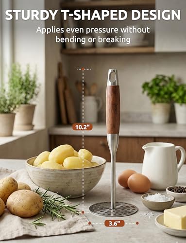 DUGATO Potato Masher, Stainless Steel Masher Tool with Wood Handle