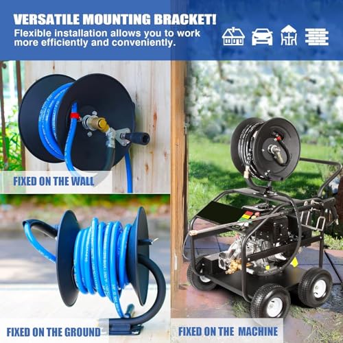 MEKOH Pressure Washer Hose Reel 50ftx3/8” / 65ftx1/4”, 4000PSI Heavy Duty Power Washer Hose Reel with M22-14 Fitting, Hand Crank Metal Reel with Wall/Trailer/Van Mount, Manual Hose Reel for Water