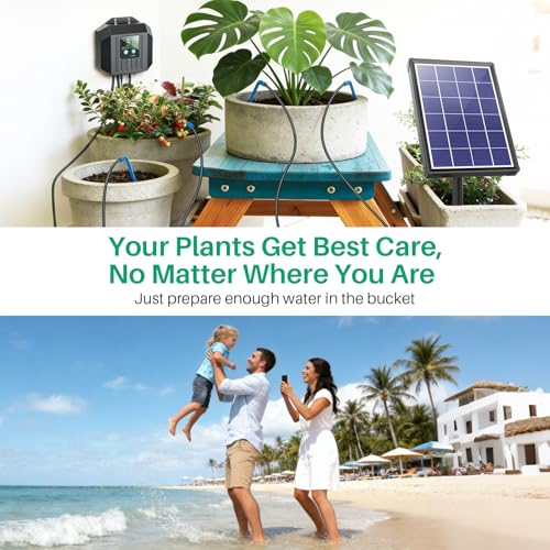 NFESOLAR 4W Solar Powered Automatic Drip Irrigation Kit with LCD Timer, Customizable Watering Duration 1–30min & Interval 3h–7d, Solar Irrigation System for 15 Potted Plants, Garden, Patio, Vacation