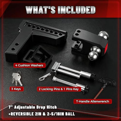 Adjustable Trailer Hitch, Fits 2.5" Receiver, 7" Drop/Rise - color: Black, size: 2.5"-7drop