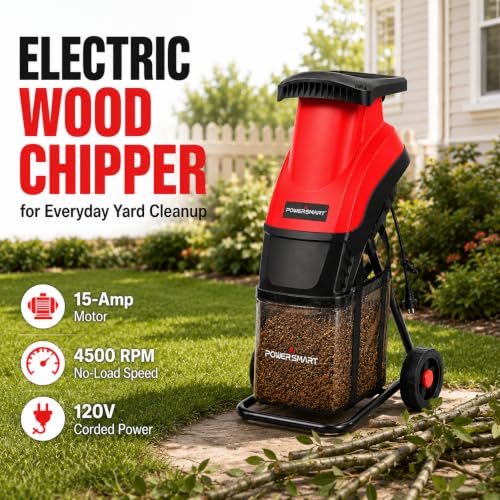 PowerSmart Electric Wood Chipper Shredder, 15-Amp|4500RPM Corded Wood Chipper for Branches Up to 1-5/8 Inch, Portable Yard Waste Shredder with 50L Collection Bag for Garden, Lawn & Landscaping Cleanup