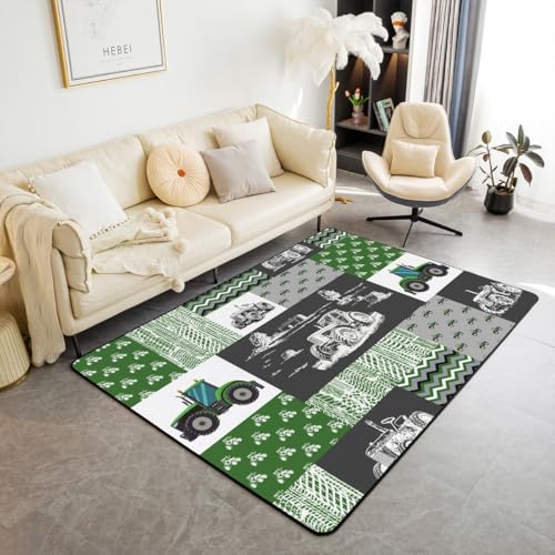 Tractor Rug, Equipment Trucks Area Rugs 5x6'6'', Farmhouse Harvester Carpet for Kids Boys, Car Green Grey Plaid Vehicle Non Slip Decorative Rug for Living Room - color: Multi 34, size: 4'11" x 6'6" (Rectangular)
