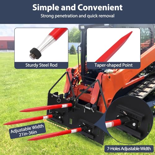 TrailBlaze 49" Heavy Duty Hay Bale Spear 4000 lbs – Quick Attach Square Spike, Red Coated Fork – Compatible with Kubota & Compact Loader Tractor Loader, Skid Steer Replacement – Red