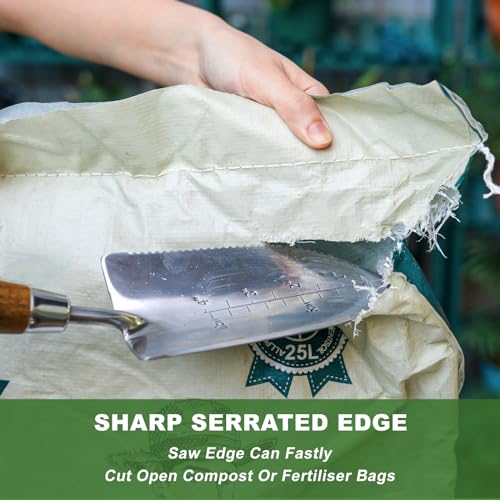 Haliaeetus Garden Trowel with Serrated Edge, 4'' Depth Mark Planting Shovel | V Shaped Sharp Edge Garden Shovel, Stainless Steel Hand Shovel with Comfortable Wood Handle for Planting and Weeding - size: 13'' Serrated Shovel